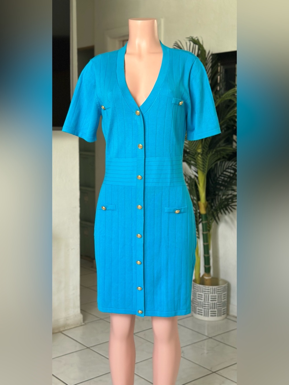 Walter Baker  LONDON DRESS
BRIGHT BLUE V‑Neck Short Sleeve Button Dress